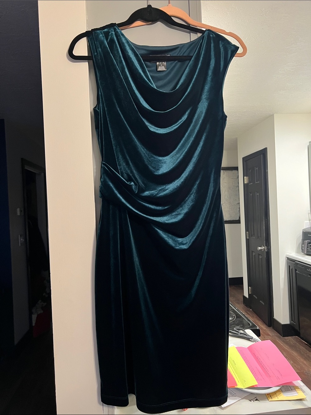Jessica McClintock Teal Velvet Draped Midi Dress